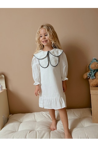 Linola Baby Kids Celine Kelebek Yaka Keten Elbise Ekru