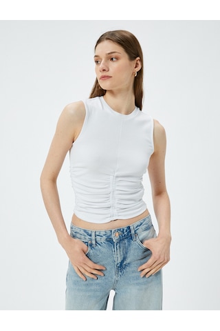 Koton Crop Fitilli Atlet Bisiklet Yaka Drapeli Pamuklu Beyaz 4sak10103ek Beyaz