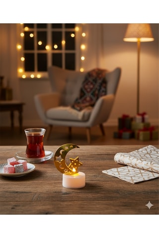 6 Cm Ramazan Ledli Tealight Mum Altın Metal Ay-yıldız Model - Kendinden Pilli Dekoratif Mum Diğer