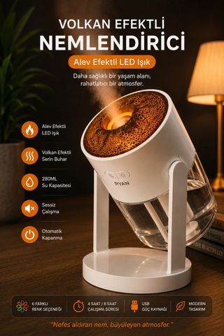 Volkan Efektli Nemlendirici 280ml Led Işıklı Ultrasonik Hava Nemlendirici Sessiz Aroma Difüzör Rt-hm30