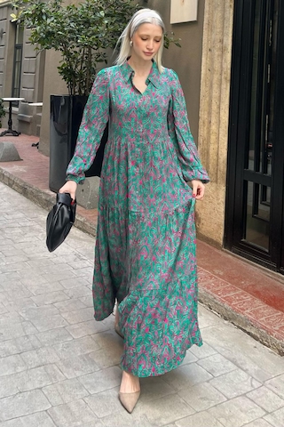 Madmext Yeşil Bilekleri Lastikli Yarım Düğmeli Polo Yaka Çiçekli Elbise Mg2029