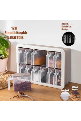 Porsima Simple 1167 Random 12'li Standlı Kendinden Yapışkanlı Kaşıklı Kapaklı Baharatlık Saklama Kabı Seti - Cappuccino Beyaz Cappuccino - Beyaz
