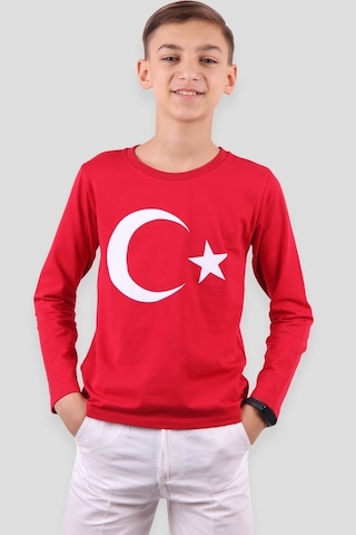 Erkek Çocuk Türk Bayraklı Uzun Kollu Tişört Kırmızı (5-10 Yaş)