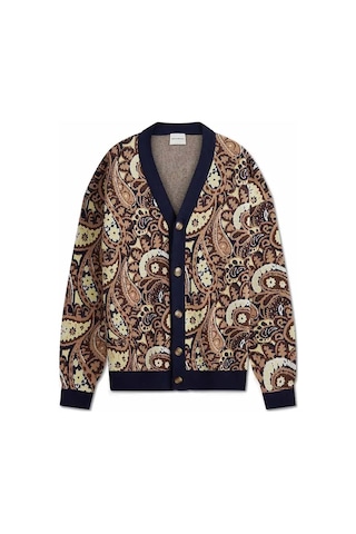Aymer Cashmere Paisley Jakarlı V Yaka Cardigan - Kontrast Kenarlar Ve Horn Düğme Lacivert