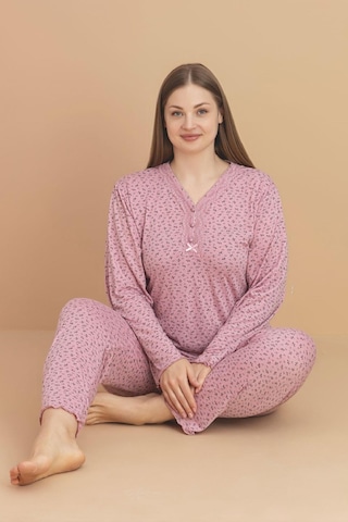 Pijamerry Kadın Büyük Beden Dantel Yaka Bambu Uzun Kol İnce Pijama Takımı 5920- 1 Adet Pembe