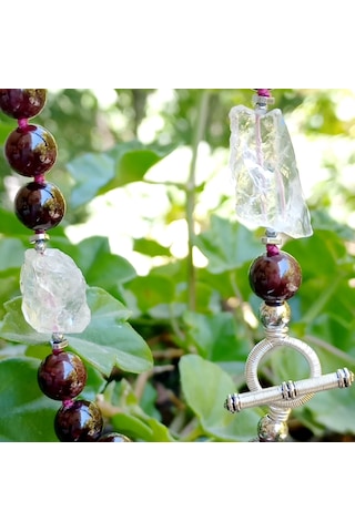 2824 Ham Herkimer Elmas Garnet Hematit El Yapımı Düğümlü Kolye 0112 - Bordo