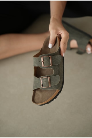 Selin Shoes Noir Çift Ayarlanabilir Tokalı Kadın Terlik- Haki