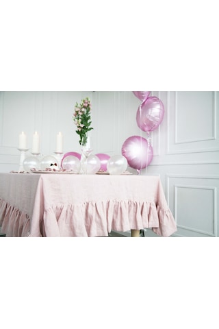 Buldan Keten Fırfırlı Vintage Pastel Pembe Masa Örtüsü