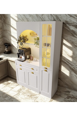Lureo Nera Arch Gold Sağ Vitrinli Kahve Köşesi Led Aydınlatmalı Komple Mdf Premium Kahve Ünitesi Beyaz