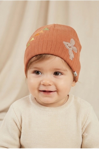 Organik Pamuklu, Yumuşak Dokulu, Ribanalı Tavşan Model 3 Lü Set Unisex Bebek Şapkası Kiremit-yeşil-krem