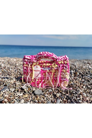 Lumifey Design Viva - El Örgüsü Püsküllü El Çantası Pembe & Güneş Sarısı Bohem Çanta Açık Pembe - Koyu Pembe - Sarı