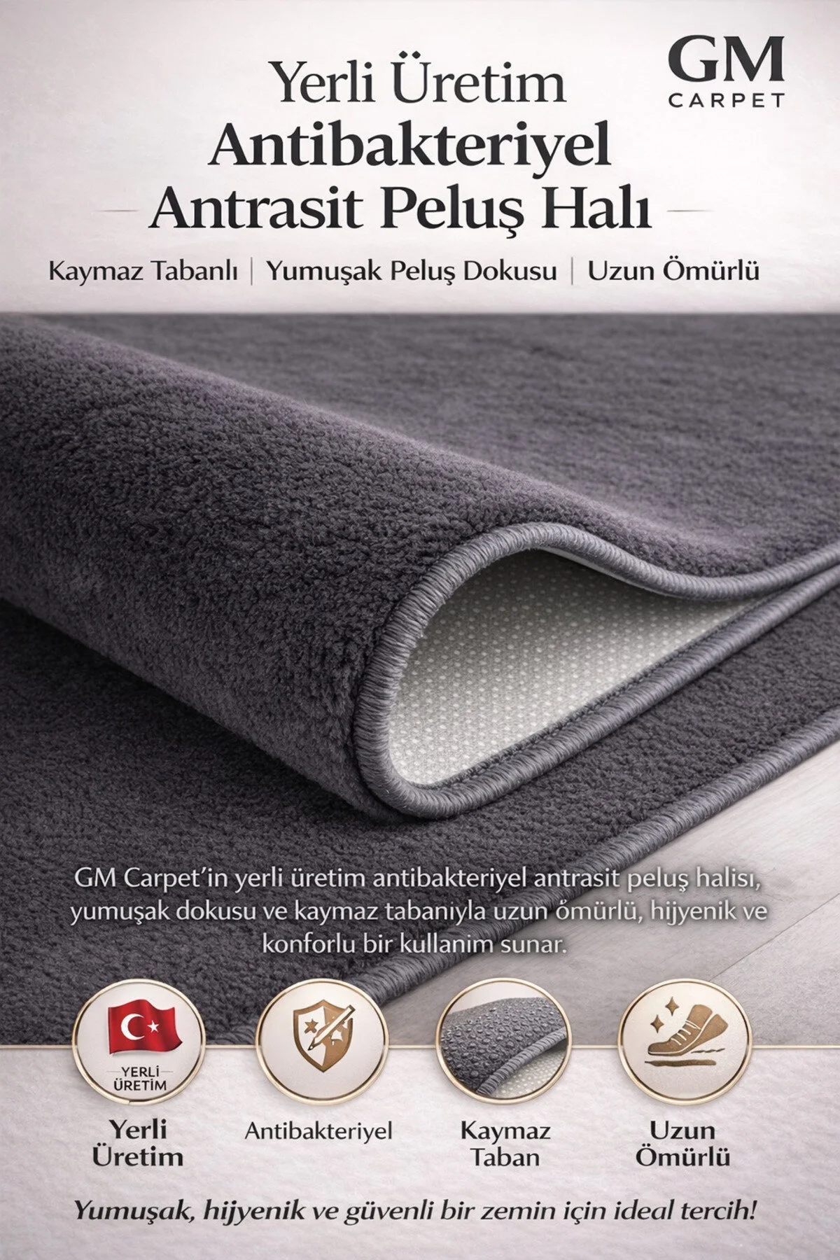 160x230 Antrasit Kaymaz Taban Peluş Yumuşak Dokulu Modern Salon Halısı Leke Tutmaz Polyester Antrasit
