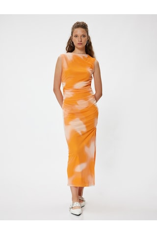 Koton Tül Bodycon Uzun Elbise Kolsuz Drapeli Kayık Yaka Slim Fit Soyut Desenli Turuncu Desenli 4sal80228ık