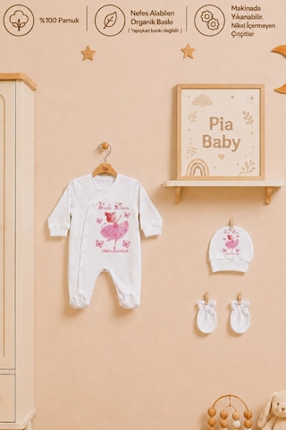 Pia Baby İsme Özel Kız Bebek Hastane Çıkışı 4 Lü Set %100 Pamuk Organik Baskılı Battaniyeli Tulum Seti 1025btyx Ekru