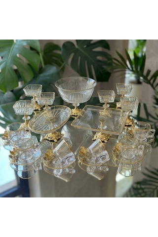 Alfafe Home Paşabahçe Gold Detaylı Metal Ayaklı Sunum Ve Servis Seti Pasta,magnolia,çay Seti,kurabiyelik Sarı