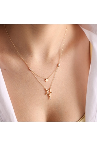 Altın Yıldız Kolye Çift Yıldız