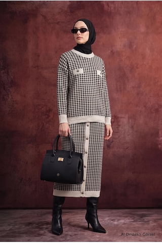 Armine Desenli Düğme Detaylı Triko Etekli İkili Triko Takım Taş 22kd4214