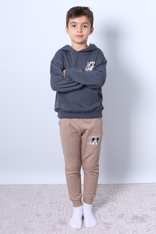 Erkek Çocuk Kapşonlu Eşofman Takımı Mickey Mouse Sırt Baskılı Ribanalı F3 Bej