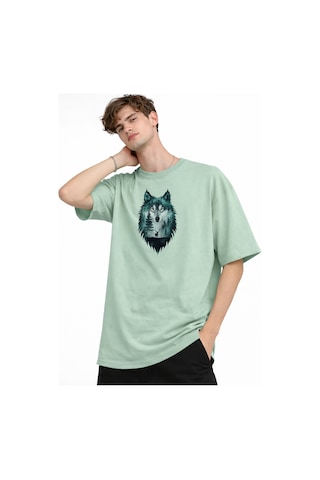 Misa Tahtakale Wolf - Oversize Erkek Tişört Su Yesılı Çok Renkli