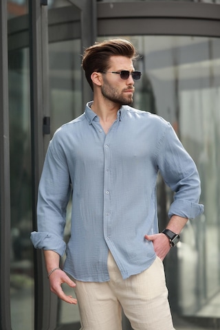 Madmext Mavi Basic %100 Pamuklu Uzun Kollu Erkek Gömlek E6761 Mavi