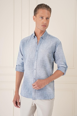 Efor Comfort Fit Batik Desen %100 Keten Mavi Gömlek G 1571 Mavi