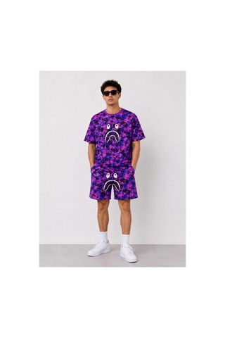 Butik İstanbul Erkek Oversize Kalıp Pubg Bape X Shark Nakışlı Cepli Şort Takım - Mor