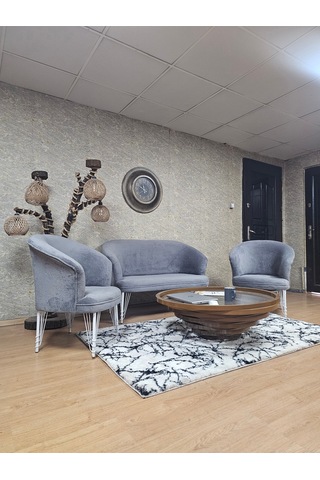 Zafir Teddy Takım Beyaz Boyalı Telli Ayak Çay Seti Koltuk - Berjer , Balkon, Salon, Ofis Gri
