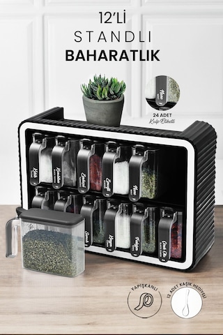 Kitchen Life 12 li Standlı Kendinden Yapışkanlı Kapaklı Kaşıklı Baharatlık Takımı - Kulplu Baharatlık Standı Siyah