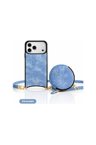 Hera Apple Uyumlu iPhone 18 Pro Max / 17 Pro Max Uyumlu Denim Kapsül Cüzdan, Crossbody Askı, Oval Kılıf 3'lü Set