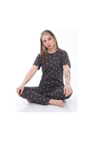 Fames Pijama Antrasit Kalp Desenli Pamuklu Yazlik Pijama Takim Antrasit