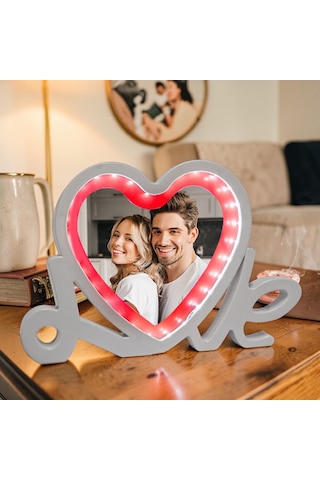 Love Yazılı Led Işıklı Kişiye Özel Fotoğraflı Sihirli Ayna Kırmızı-beyaz Sevgiliye Hediye Beyaz