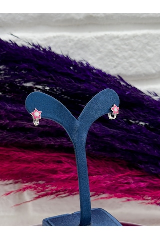 925 Ayar Gümüş Yıldızlı Pembe Mineli Zarif Kız Çocuk Küpesi Gümüş