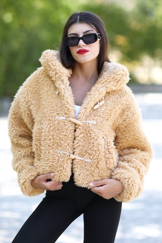 Giysa Kadın Peluş Mont Sarı Çoban Düğmeli Kısa Kesim Yumuşak Dokulu - 8749 Camel