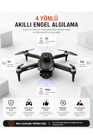 R08 Ekranlı Kumandalı Katlanabilir Drone Hd Çift Kameralı 4 Yönlü Engel Algılama 30 M Uçuş Yüksekliği Hafıza Kartı Destekliere2e