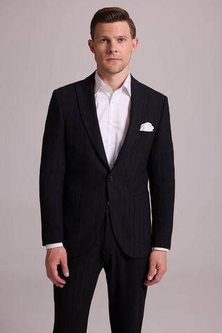 Erkek Siyah Slim Fit Çizgili Tek Düğmeli Jogger Pantolonlu Takım