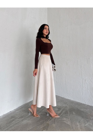 Ozy Fashion Kadın Süet Kloş Etek Bej