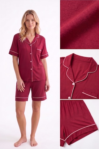 Seamlife Bies Kadın Viskon Gömlek Yaka Önden Düğmeli Göğüs Cepli Yazlık Kısa Kollu Şortlu Pijama Takımı bordo