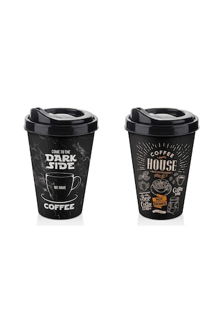 2&apos Li Coffee House Desenli Kahve Bardağı Takımı 2 X 400 Ml - Kahverengi Pipet Girişli Kapaklı İçecek Bardağı Paketi Açık Ahşap