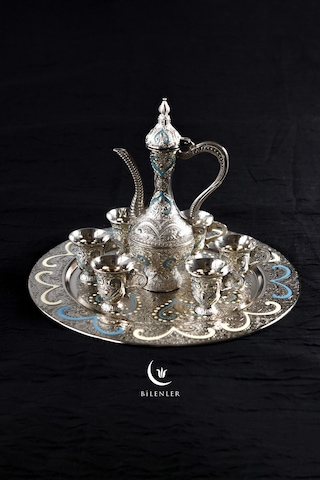 Hediyelik/ Sunumluk Osmanlı Motifli Nakışlı Gümüş Zemzem Takımı 8 Parça