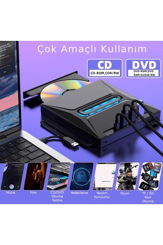 Valkyrie Usb 3.0 Harici External Cd Dvd Okuyucu Yazıcı Led Usb Hub Tf Sd Kart Okuyucu Çoğaltıcı