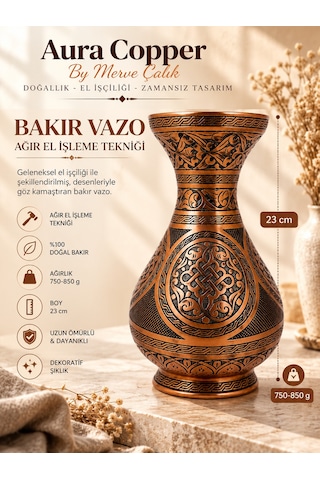 Aura Copper Dekoratif Bakır Vazo 23 Cm Ağır El İşlemeli El Yapımı Obje Çiçeklik Vz-00003