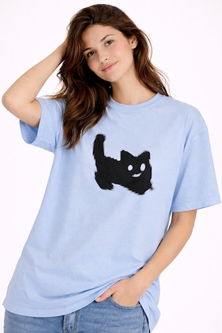 Nevermind Unisex Oversize Tişört Kedi Baskılı Minimal Tasarım Pamuk Mavi