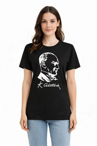 Modi Atatürk Baskılı Tişört Kısa Kollu Bisiklet Yaka T-shirt - Siyah Açık Siyah