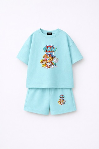 Fasardi Paw Patrol Baskılı Oversize %100 Pamuk Tişört Şort Çocuk 2li Takım Bebek Mavi