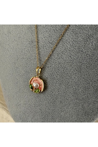 Rhea İnci Ve Çiçek Detaylı Renkli Vintage Tasarım Minimal Kolye Açık Pembe