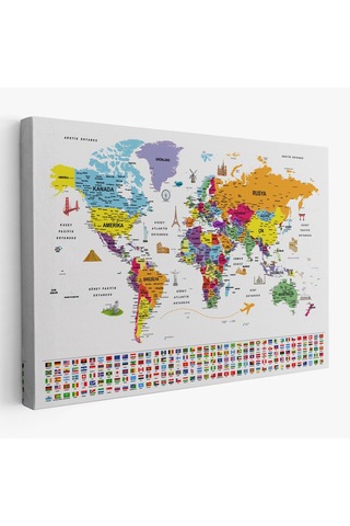 Es10 Türkçe Dünya Haritası Ayrıntılı Eğitici Sembollü Bayraklı Dekoratif Kanvas Tablo 2834 (95 x 165)