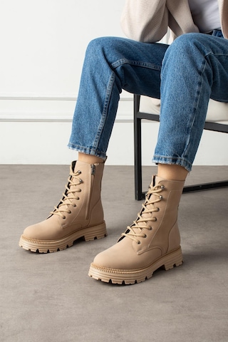 Shoetek Olsima Kadın Bot Bağcıklı Fermuarlı Mat Nut Deri Nut Cilt