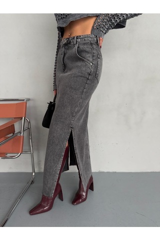 Zeo Basic Yanlardan Yırtmaçlı Füme Jean Maxi Etek Siyah/Füme