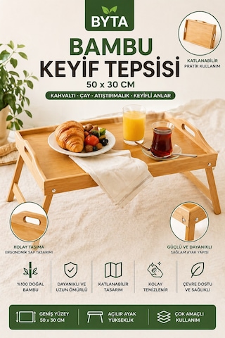 Katlanabilir Bambu Keyif Tepsisi 50x30 Cm Yatak Tepsisi, Kahvaltı Servis Sehpası Ekru
