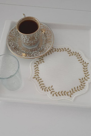 Buğday Nakışlı Keten Kare Bardak Altlığı Seti 6 Lı Gold Gold